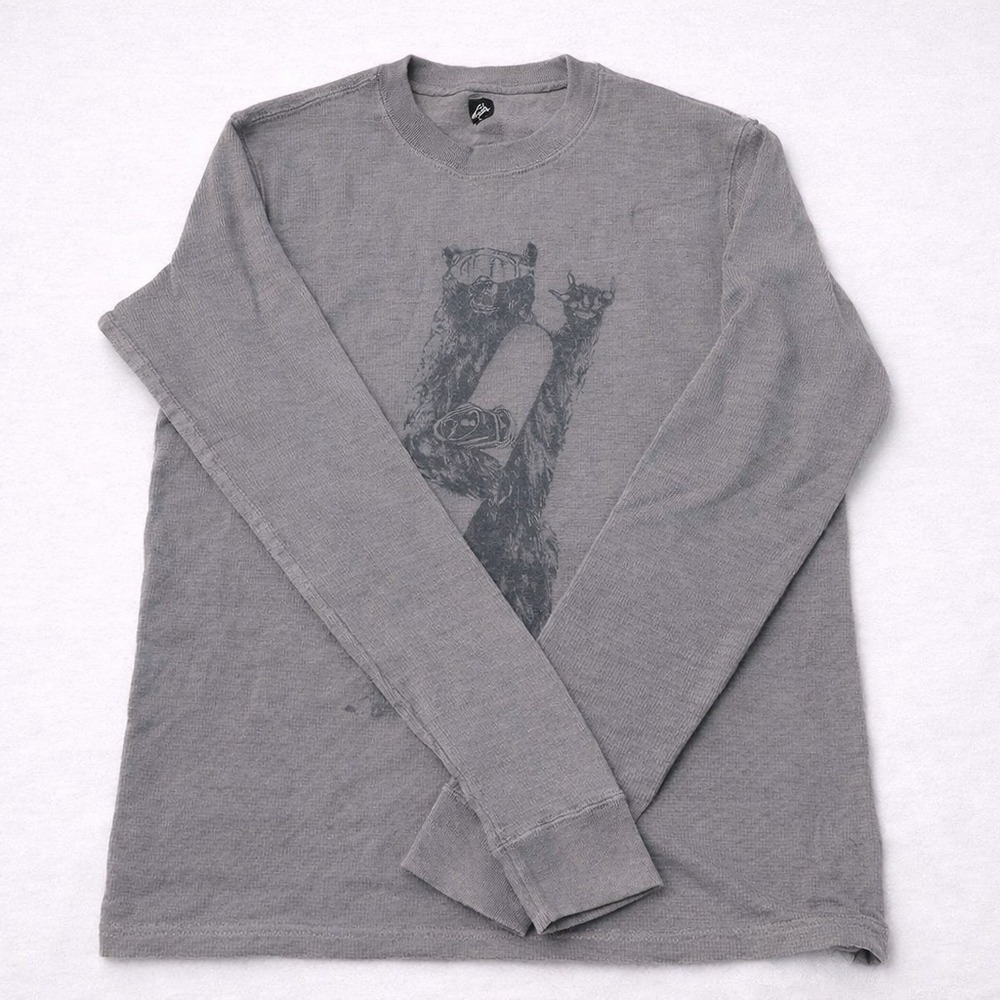 Quiksilver Thermal Shirt Mens L Gray Waffle Knit Long Sleeve Bear Graphic